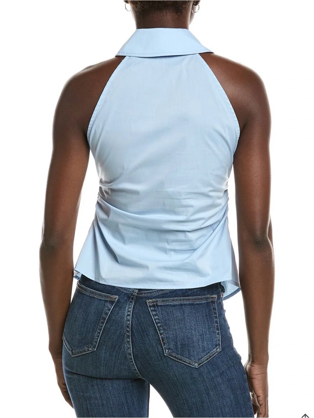 Elan Blue Collared Button Down Halter Blouse Side Ruching Cotton Medium stretch